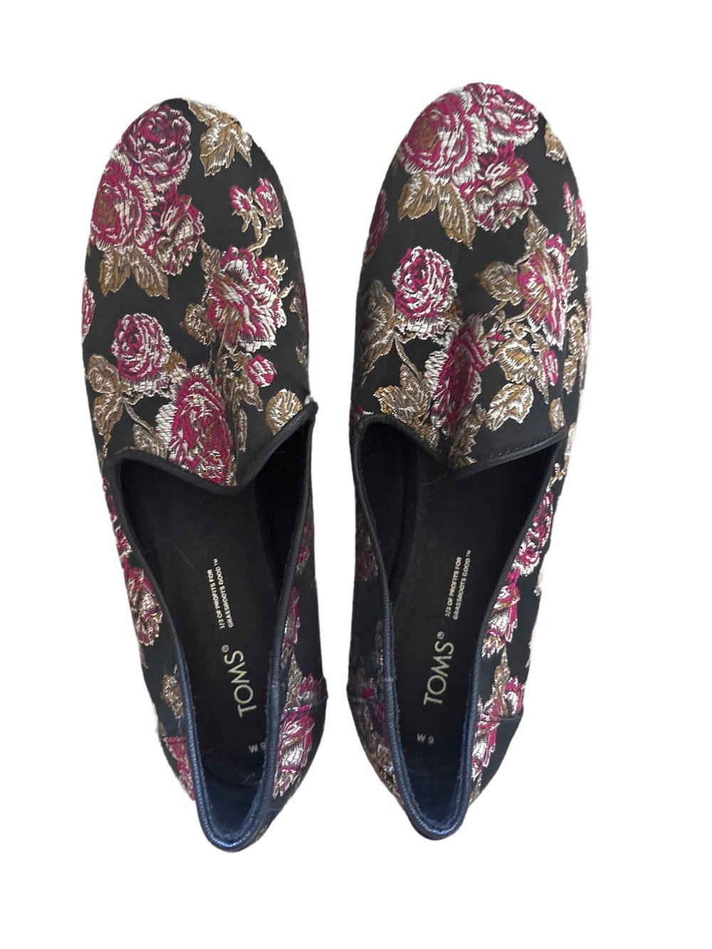 TOMS Black Floral Slip-On Shoes - Pink & Gold Embroidered Size 9